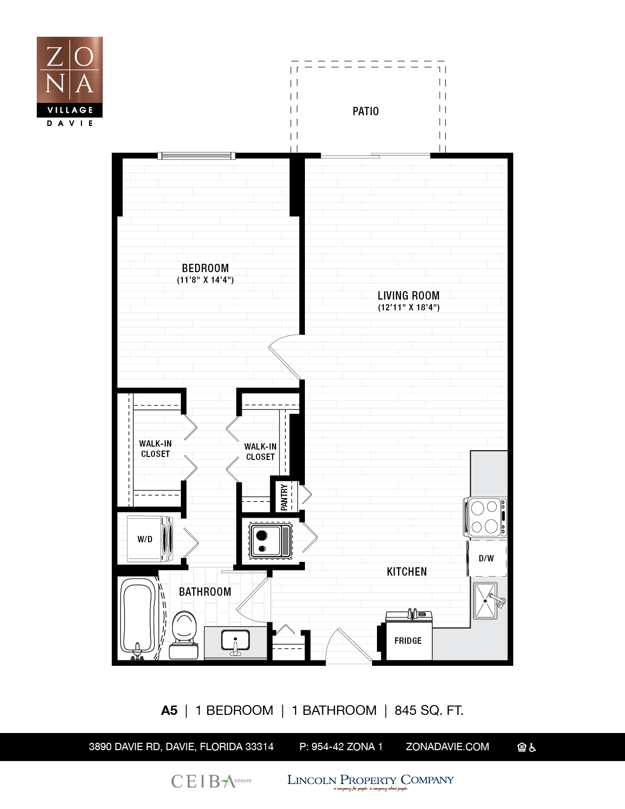 Floor plan for 1 bed, 1 bath, 845 sqft